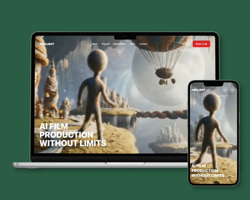 Arklight website designed by UncleTuna — AI film production studio with cinematic hero video, immersive visuals, and bold typography.